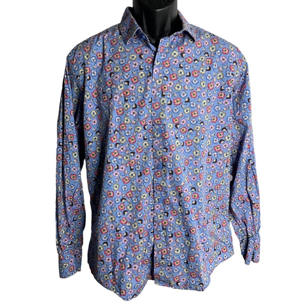 Tallia Button Up Long Sleeve Dress Shirt L Blue Floral Flip Cuff Point Collar